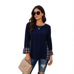 LOFT Navy Plaid Red & White Trim Long Sleeve Top XS – Cozy Layer, Babydoll Hem